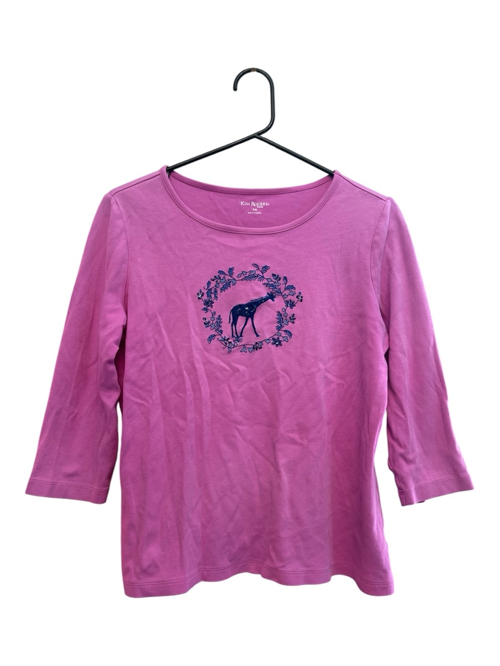 Vintage Y2K Kim Rogers Pink Long Sleeve Tee w/ Navy Giraffe Wreath Graphic MP